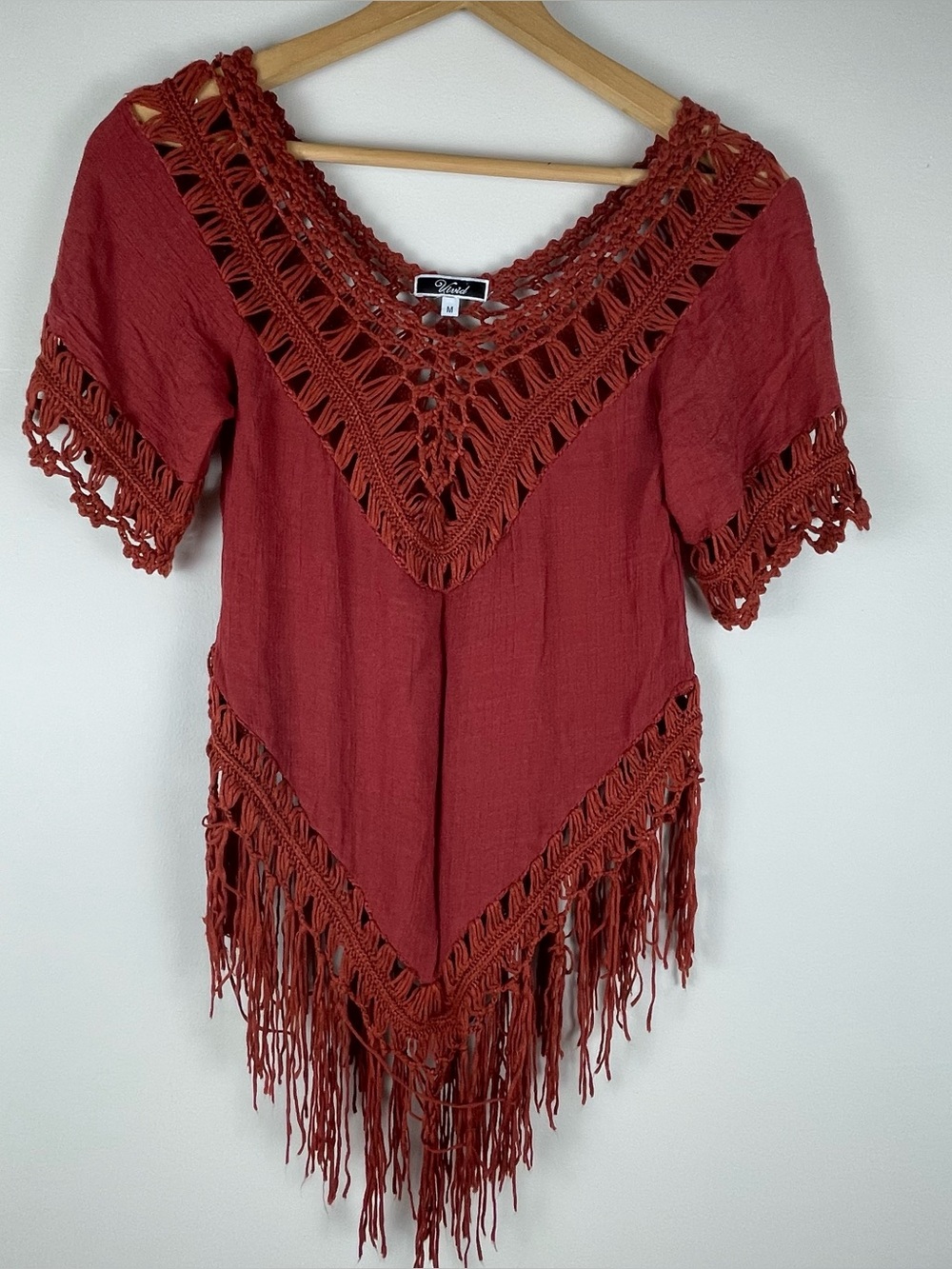 Vivid Rust Boho V Neck Crochet Fringe Top Sz M Festival Hippie